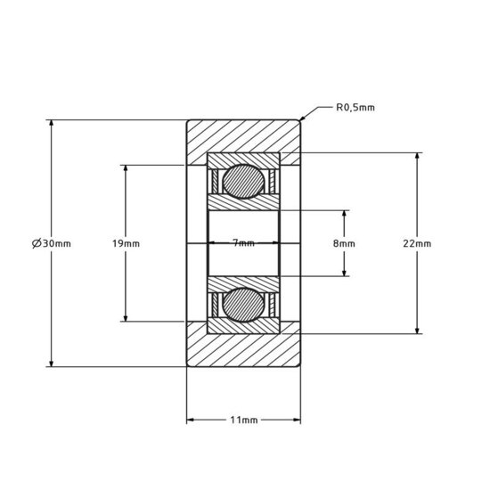 Polyurethan Laufrolle 8x30x11 mm - 22 kg