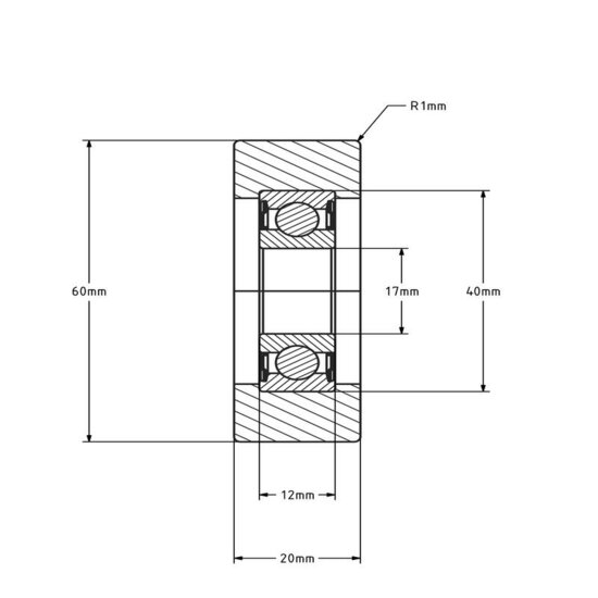 Polyurethan Laufrolle 17x60x20 mm - 70 kg