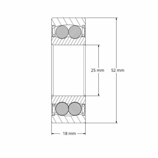 Lager 2205 2RS afmetingen tekening 25x52x18 mm