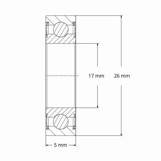 Lager 6803 2RS afmetingen tekening 17x26x5 mm