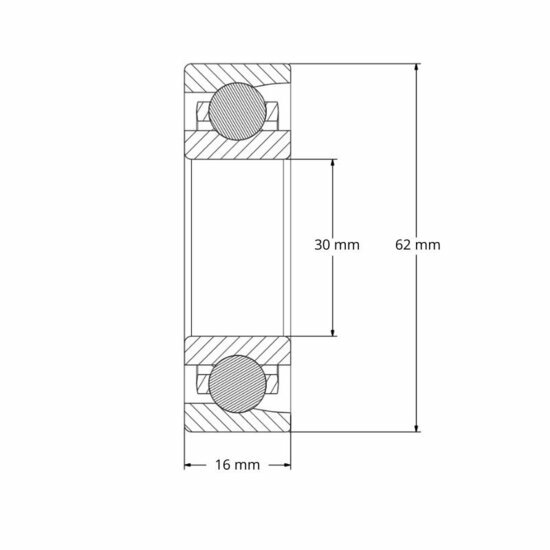 Lager 7206B afmetingen tekening 30x62x16 mm