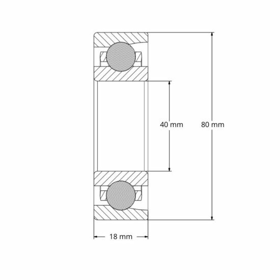 Lager 7208B 2RS afmetingen tekening 40x80x18 mm