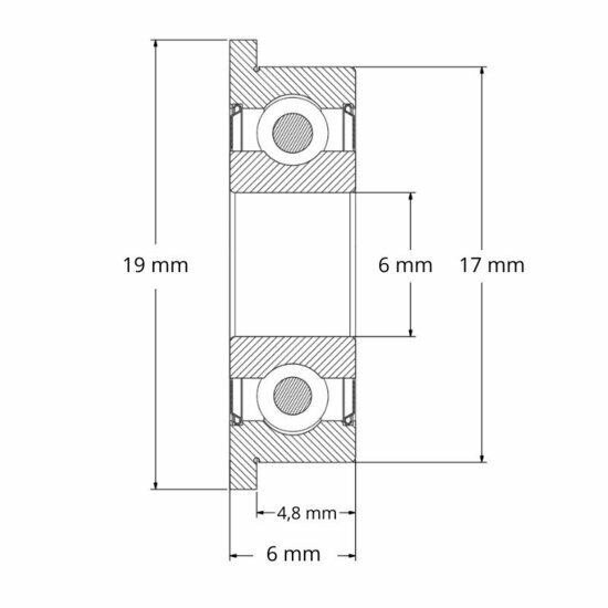 Lager F606 ZZ afmetingen tekening 6x17x6 mm