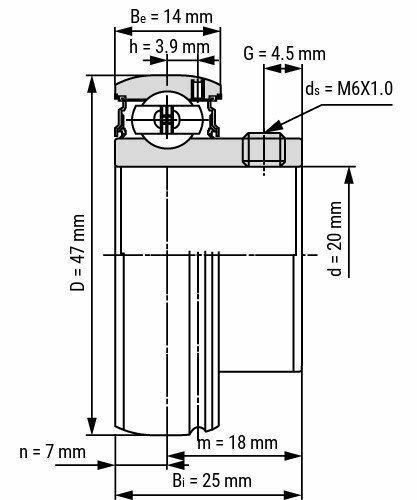 Lager SB204 afmetingen tekening 20x47x25 mm