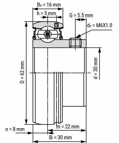 Lager SB206 afmetingen tekening 30x62x30 mm