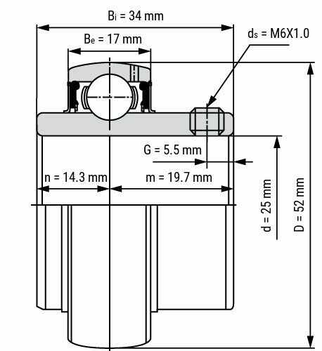Lager SS UC205 afmetingen tekening 25x52x34 mm