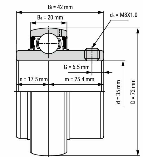 Lager SS UC207 afmetingen tekening 35x72x42.9 mm