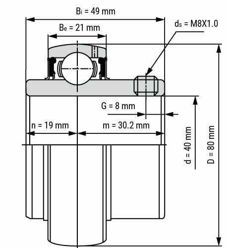 Lager SS UC208 afmetingen tekening 40x80x49.2 mm