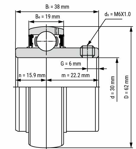Lager UC 206 afmetingen tekening 30x62x38.1 mm